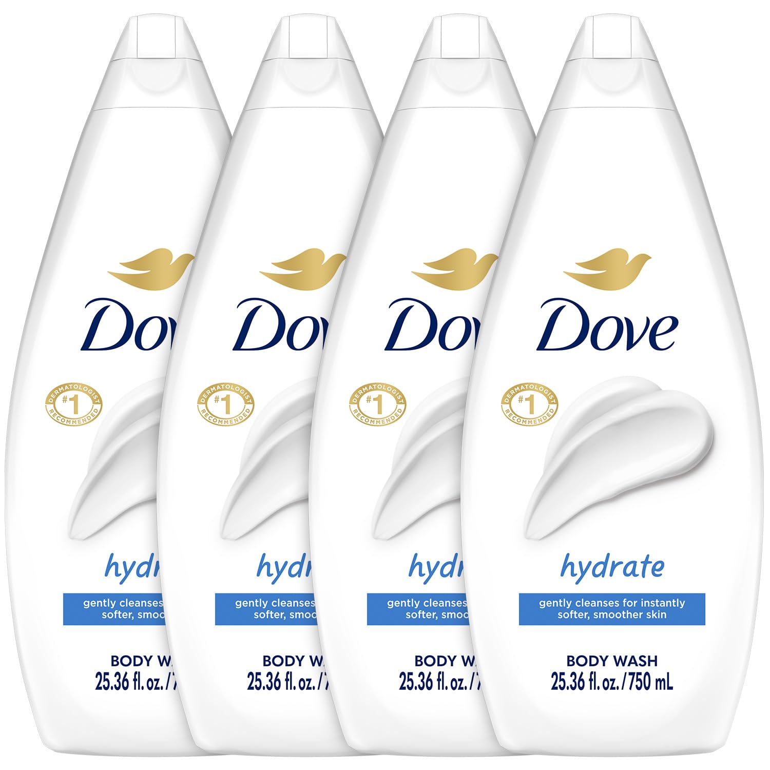 Dove Hidratante Ducha Corporal, botella 4-pack, piel suave tras la ducha