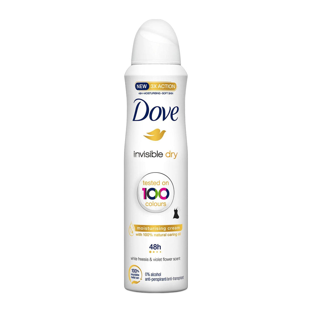 Dove Invisible Dry, lata de antitranspirante, protección 24 horas sin manchas.