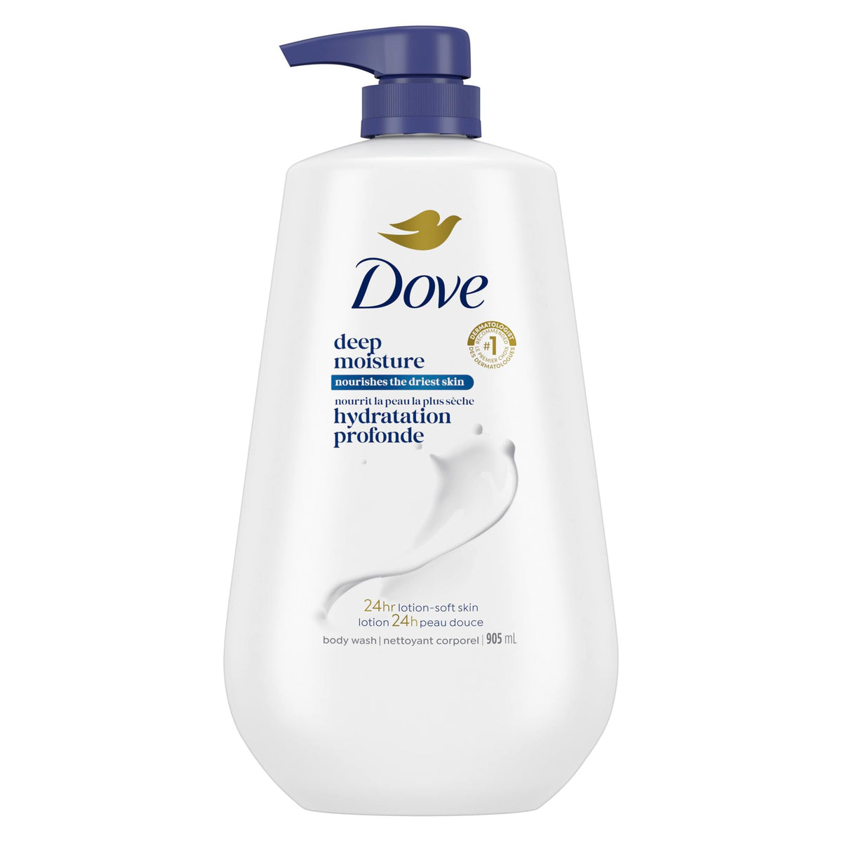 Dove jabón corporal con bomba para hidratación profunda y uso diario.