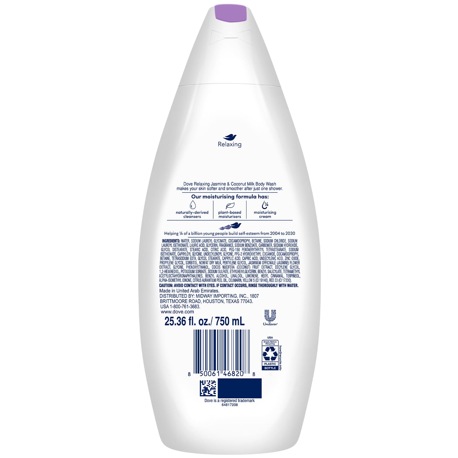 Jabón corporal Dove, espuma cremosa para piel suave tras la ducha.