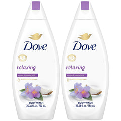 Dove Jabón Corporal Lavanda y Romero, botella, aroma calmante para la ducha diaria.
