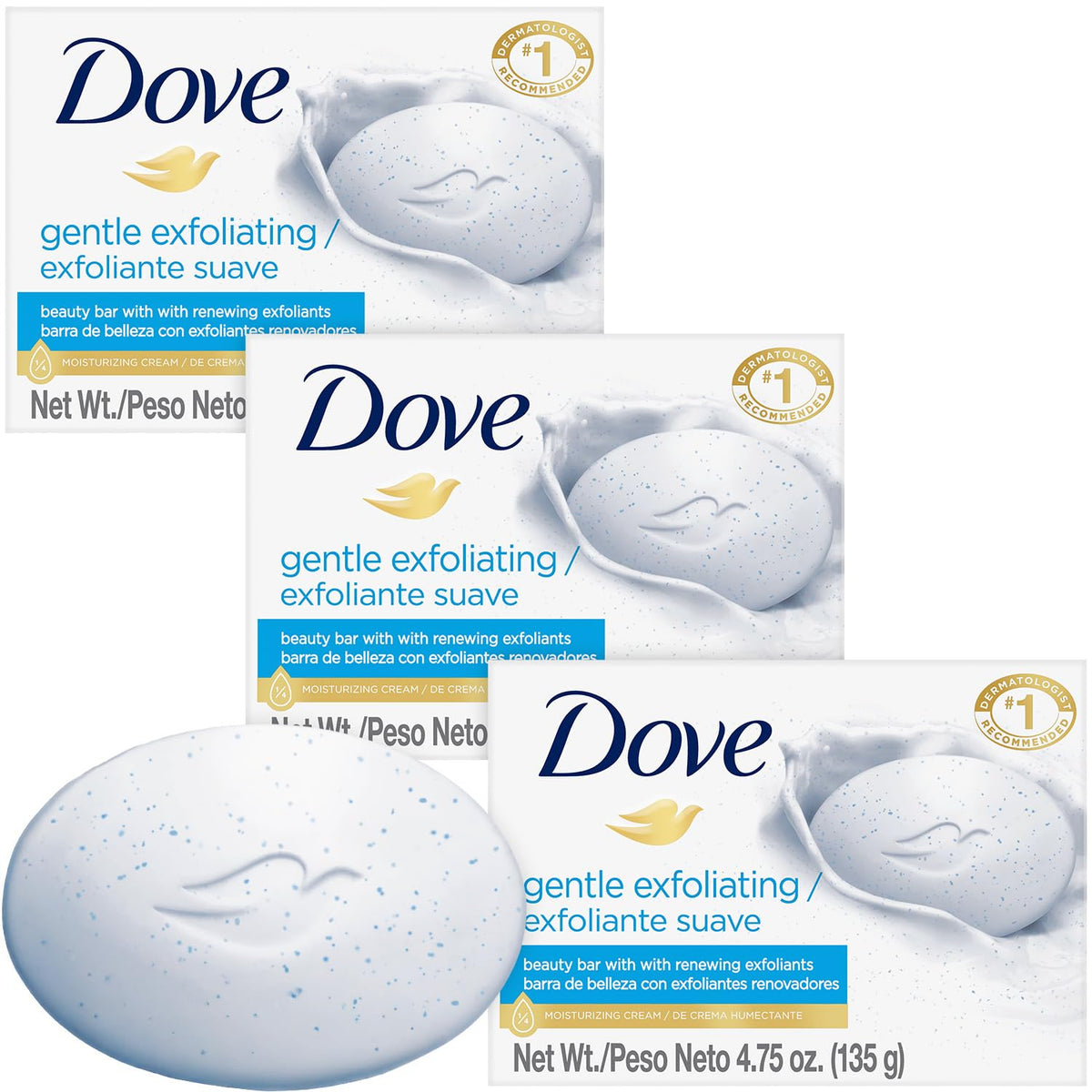 Jabón Dove exfoliante suave 3-en-1 para rostro, cuerpo y manos, hidratación diaria