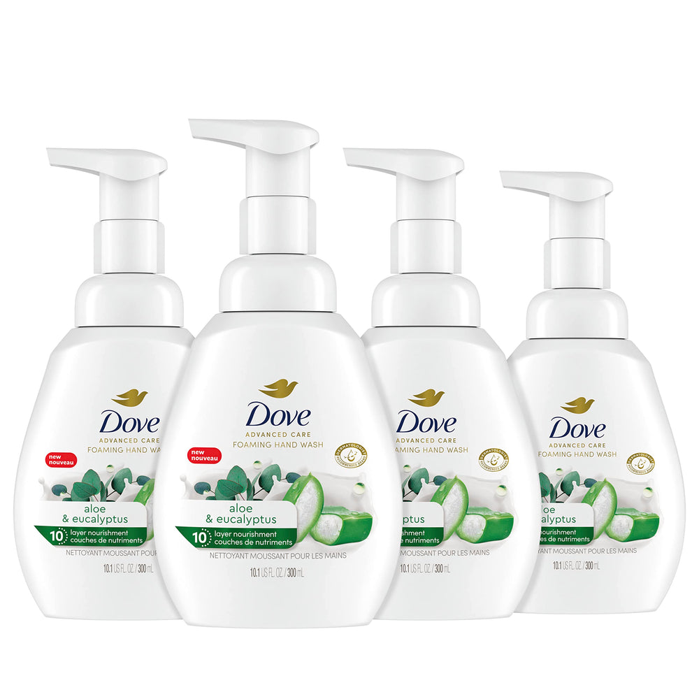 Dove Lavado de Manos Espuma Aloe Eucalipto en botella, muestra hidratación suave.