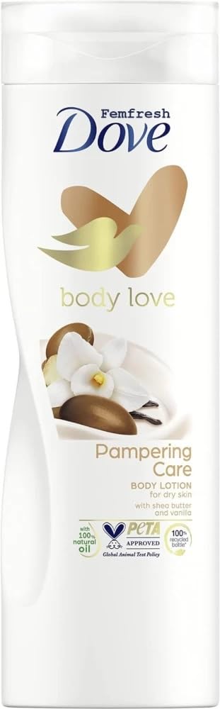 Loción corporal indulgente Dove en envase: nutrición suave para piel seca.