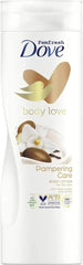 Loción corporal indulgente Dove en envase: nutrición suave para piel seca.