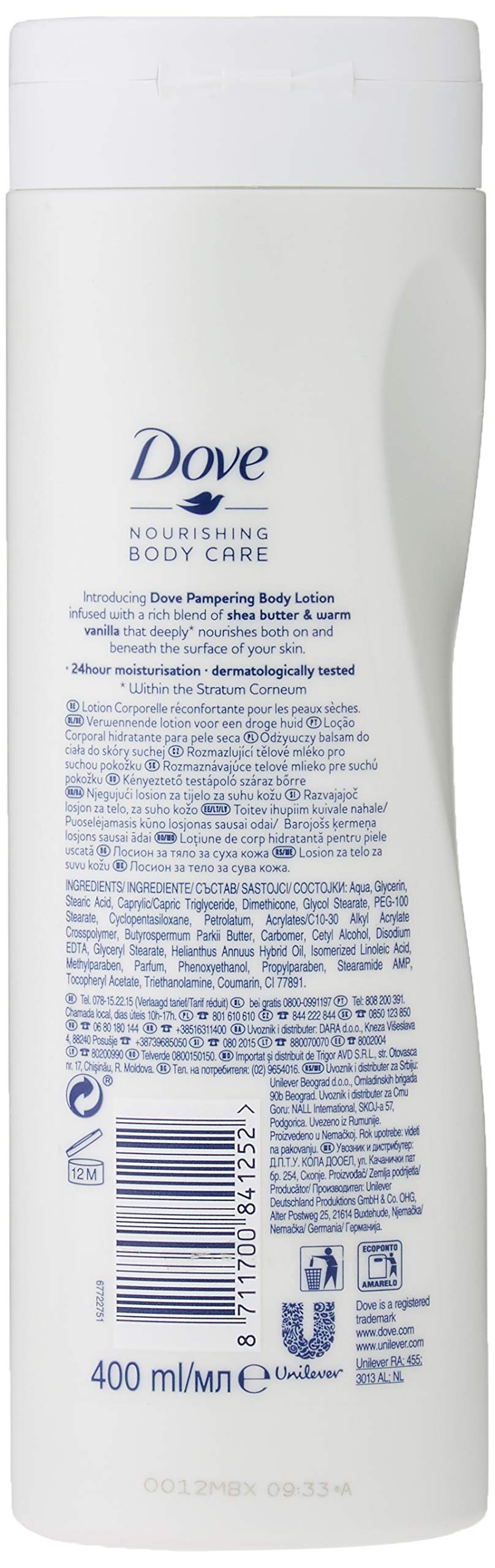 Dove loción corporal indulgente, textura cremosa para piel suave y flexible.