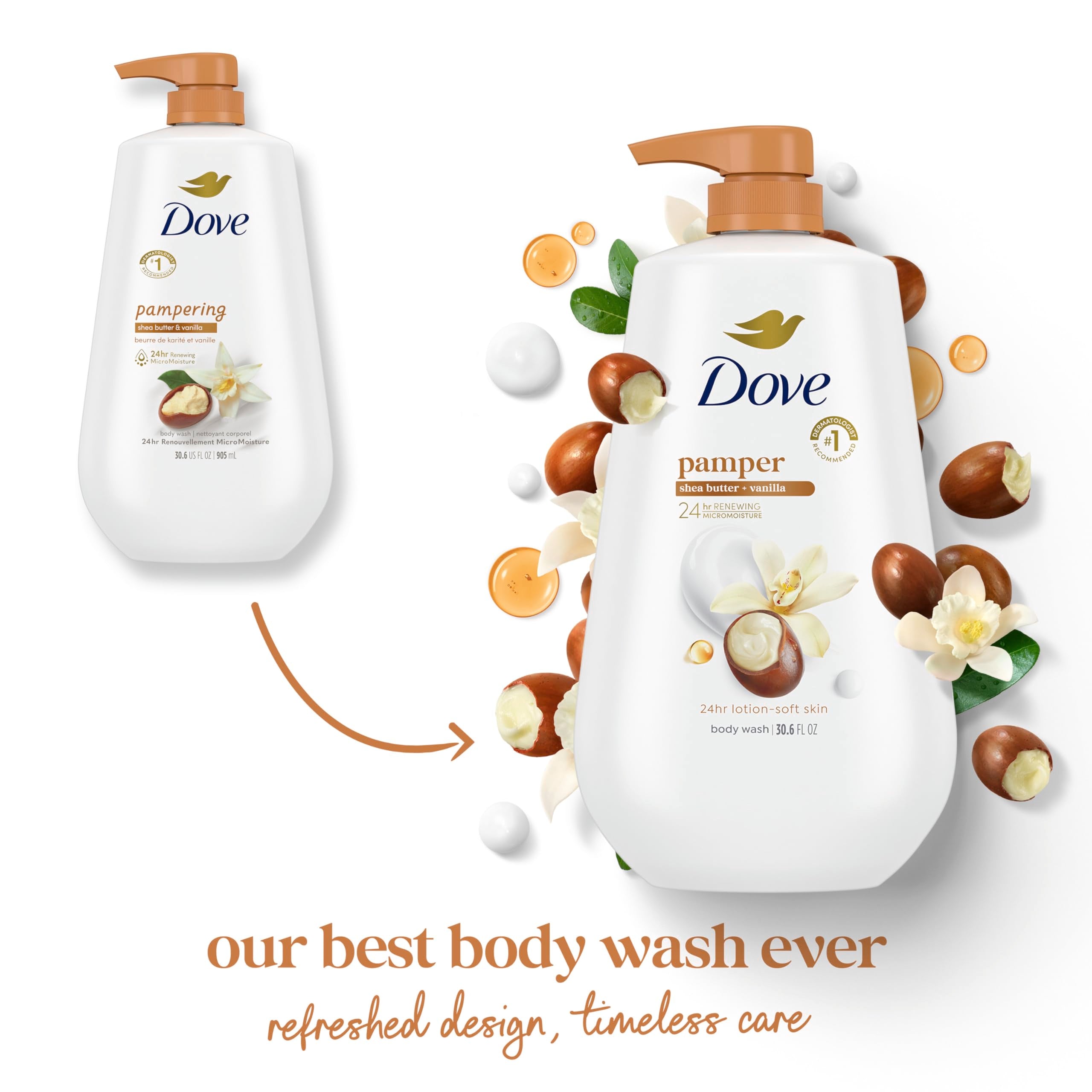 Dove manteca de karité realza la hidratación suave de la piel.