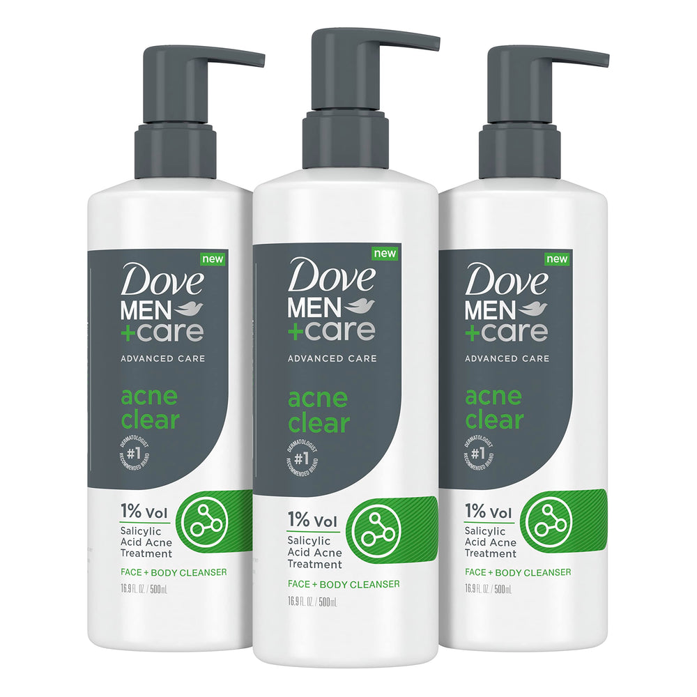 Dove Men+Care Acne Clear: botella visible para cuidado diario de piel propensa al acné