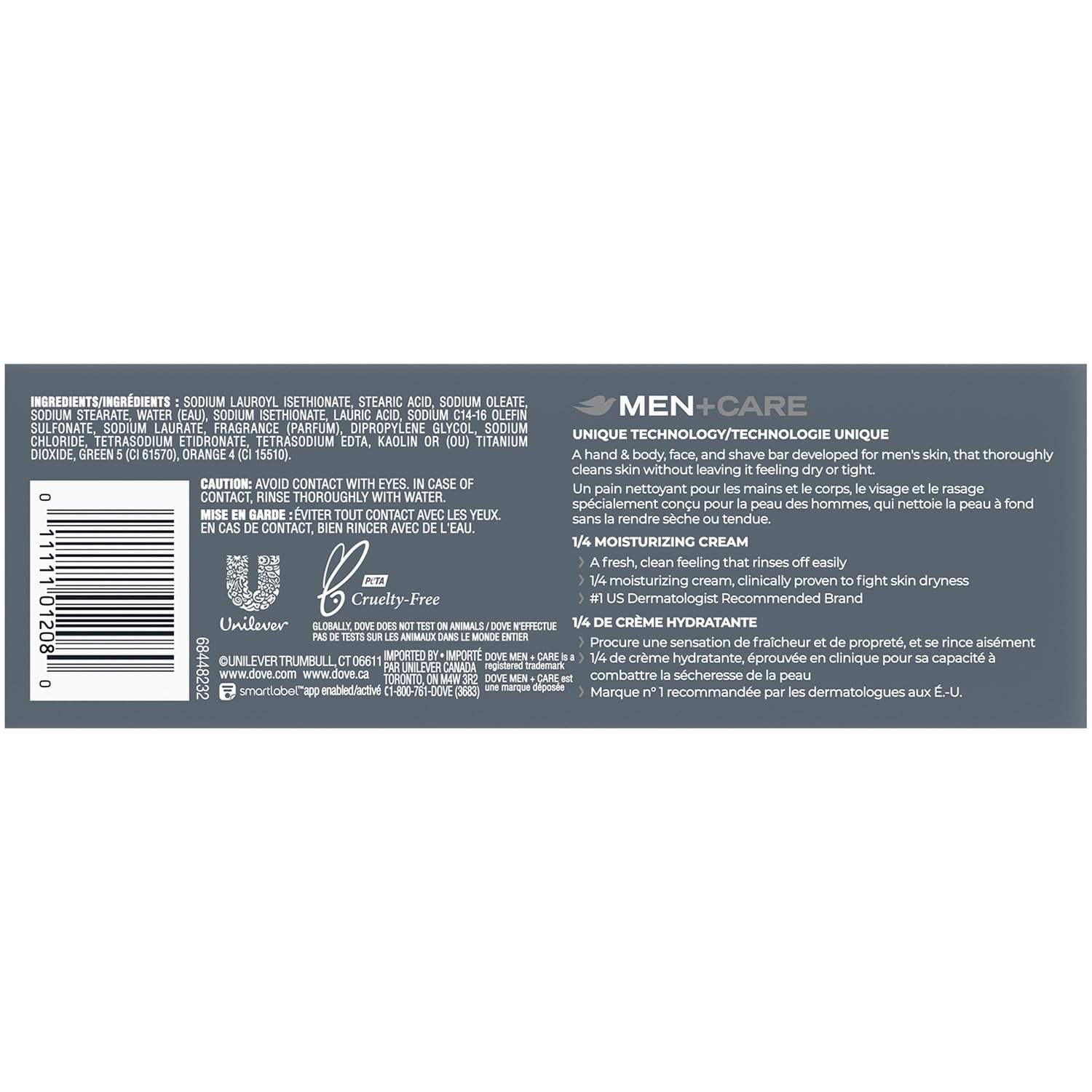 Barra 3 en 1 Dove Men+Care para cuerpo, manos y rostro, ducha rápida