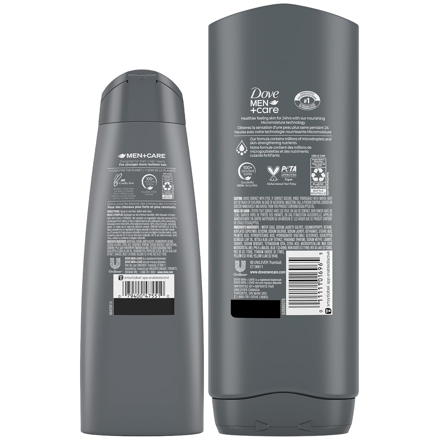 Dove Men+Care champú 2 en 1 de eucalipto y abedul, cabello limpio y reparado.