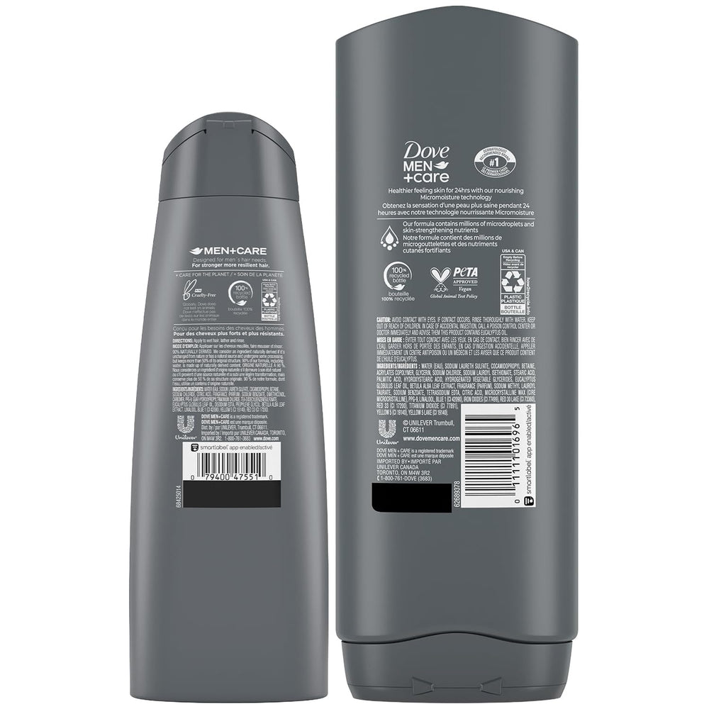 Dove Men+Care champú 2 en 1 de eucalipto y abedul, cabello limpio y reparado.