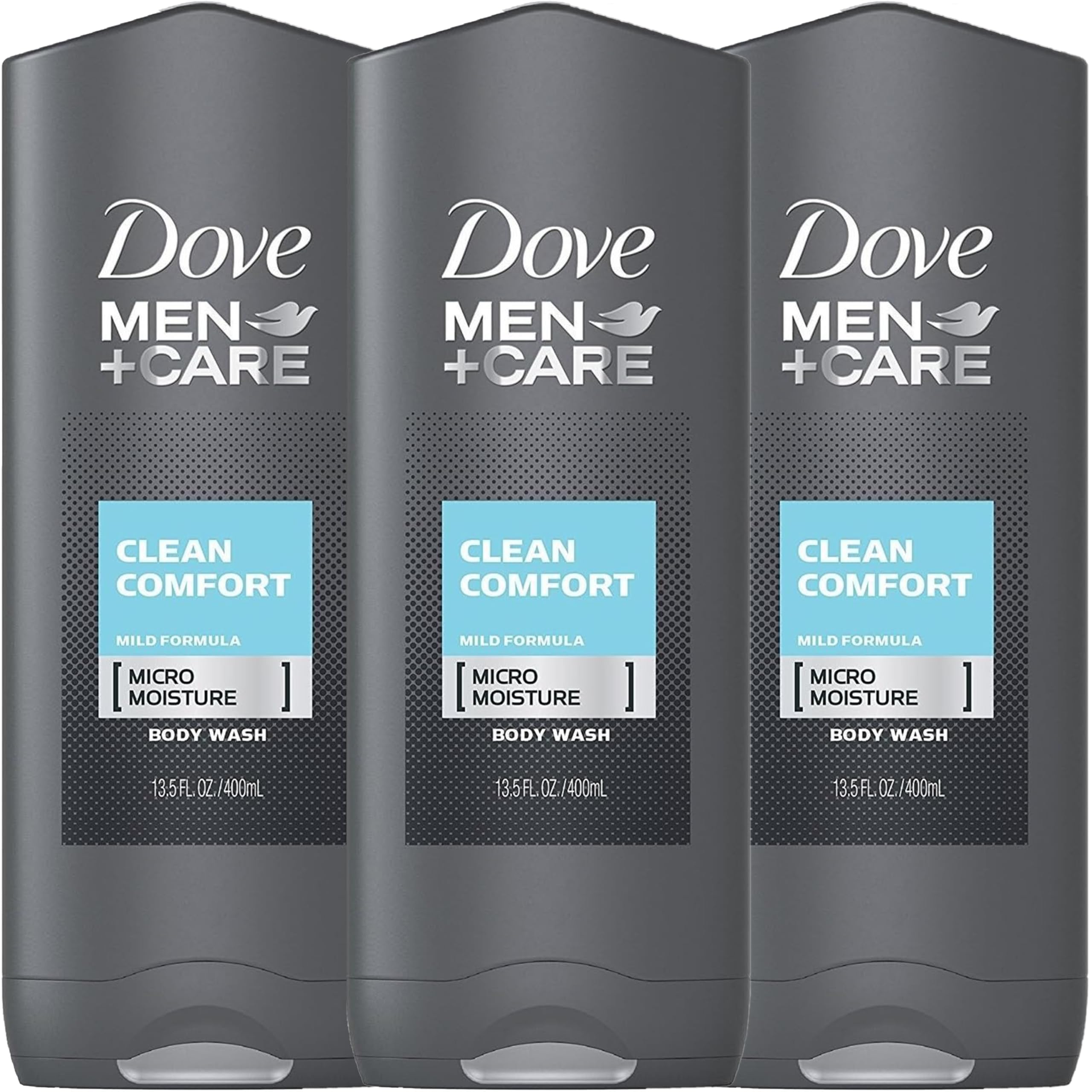 Dove Men+Care Clean Comfort, la bouteille montrée, offre hydratation et fraîcheur après la douche.