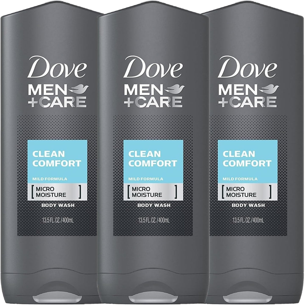 Dove Men+Care Clean Comfort, la bouteille montrée, offre hydratation et fraîcheur après la douche.