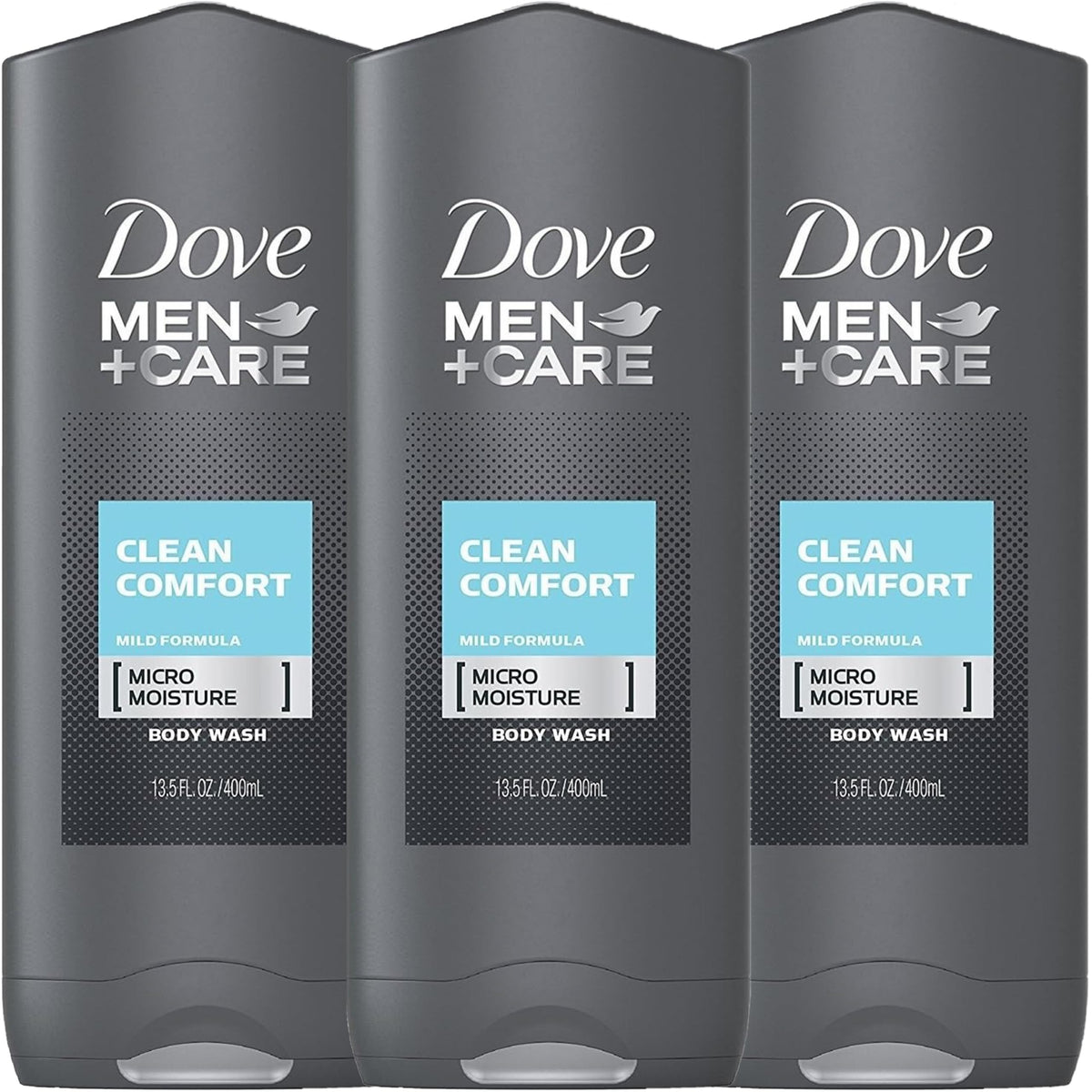 Dove Men+Care Clean Comfort, la bouteille montrée, offre hydratation et fraîcheur après la douche.
