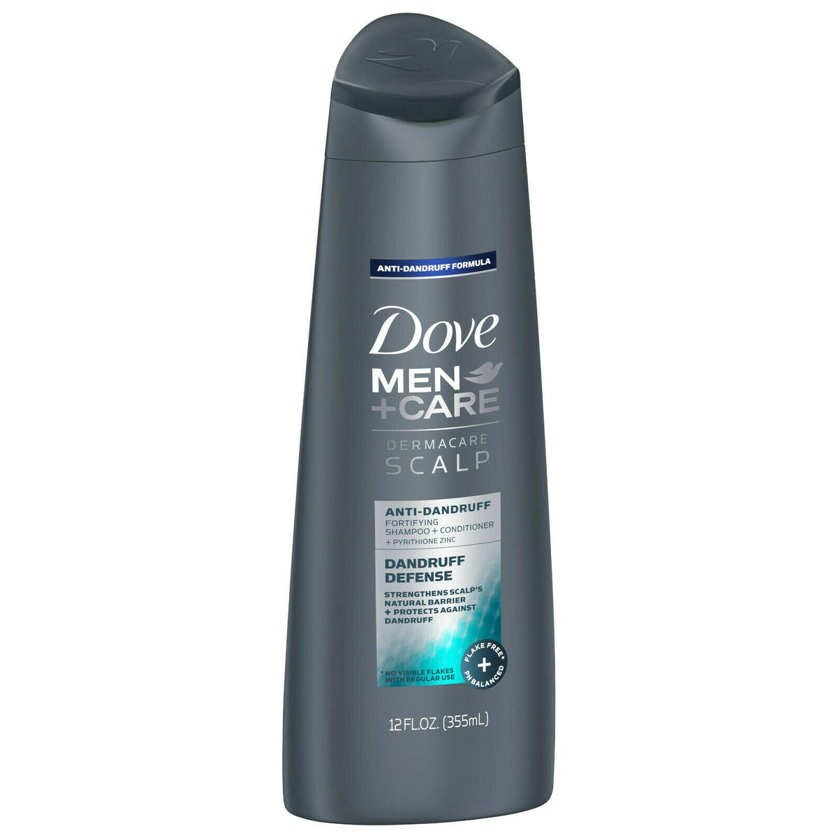 Dove Men+Care Dermacare, botella de champú, defensa contra la caspa para cabello más resistente.