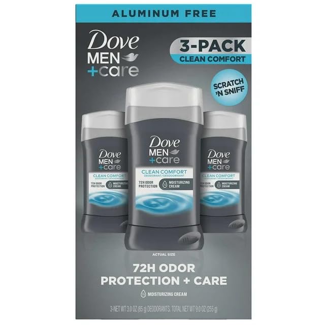 Dove Men+Care desodorante en barra 72 horas sin aluminio, empaque reciclable.