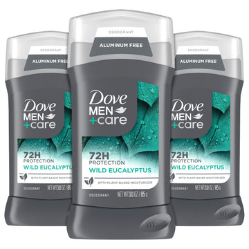 Dove Men+Care desodorante libre de aluminio con aroma de eucalipto refrescante.