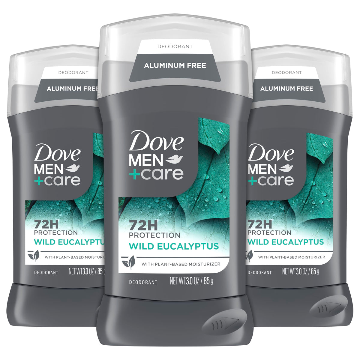 Dove Men+Care desodorante libre de aluminio con aroma de eucalipto refrescante.