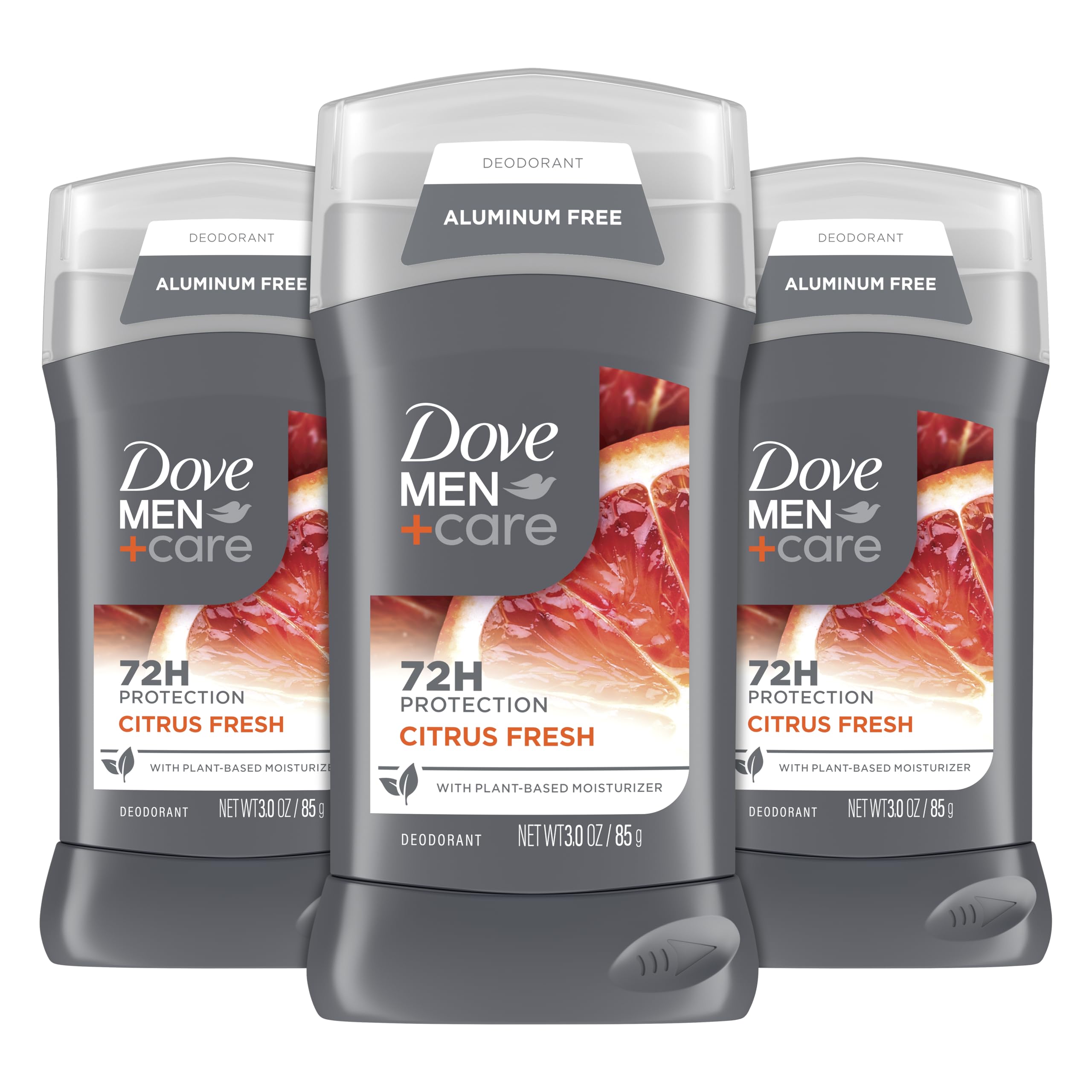 DOVE MEN+CARE desodorante sin aluminio en barra, aroma cítrico veraniego, protección duradera.