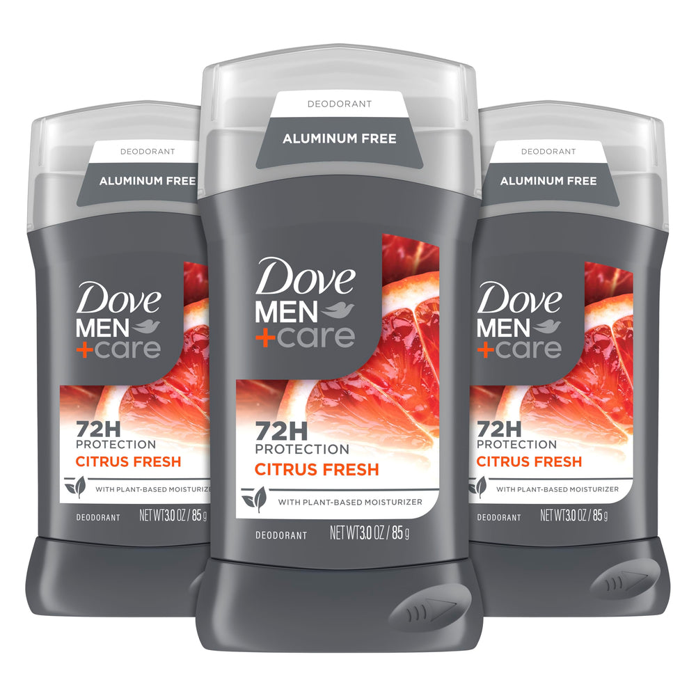 DOVE MEN+CARE desodorante sin aluminio en barra, aroma cítrico veraniego, protección duradera.