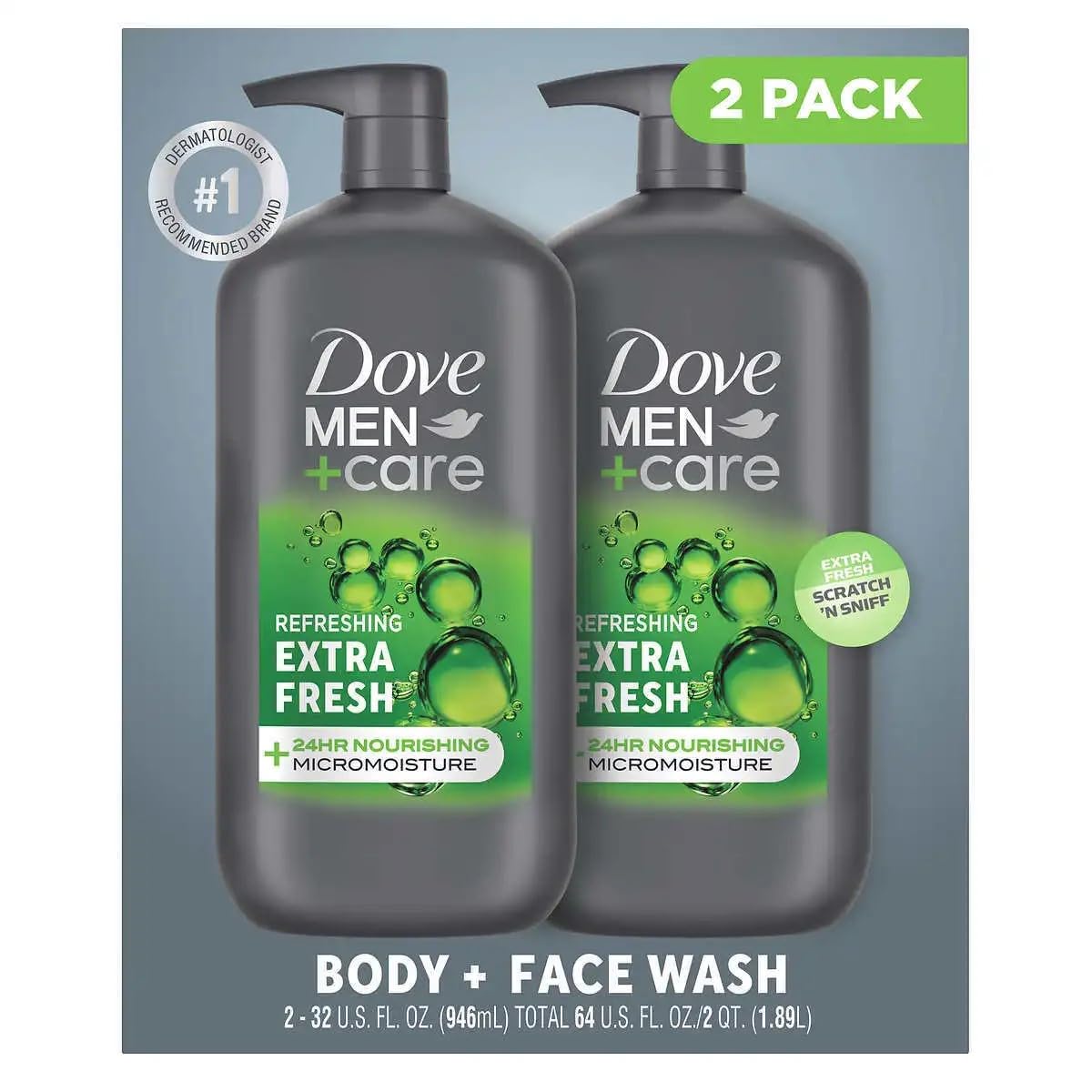 Dove Men+Care: dos botellas de gel de ducha Extra Fresco para uso diario.