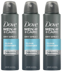 Dove Men+Care Dry Spray Antiperspirant front view with Clean Comfort formula
