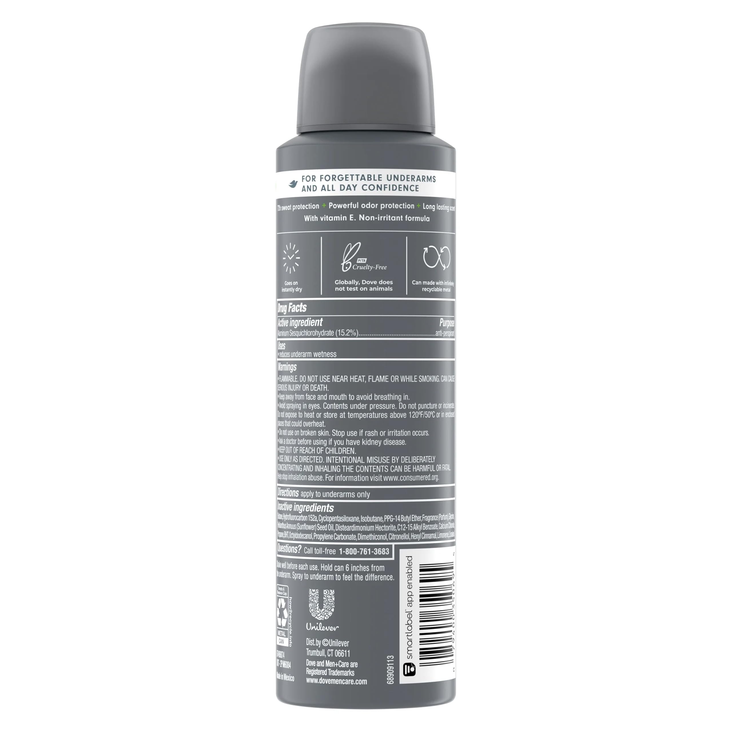 Dove Men+Care Extra Fresh, lata en mano para aplicación rápida.