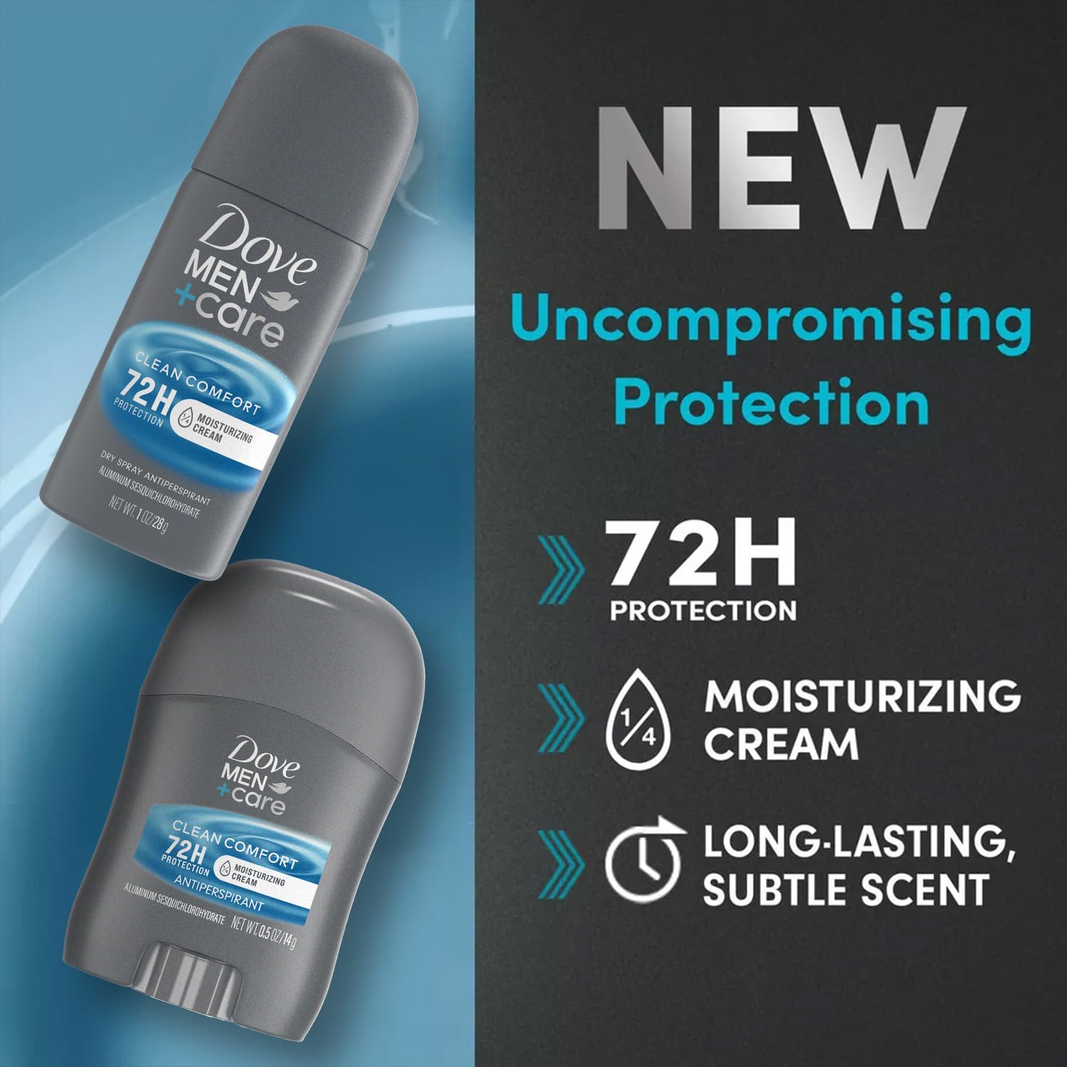 Fórmula hidratante Dove Men+Care con vitamina E para piel suave.