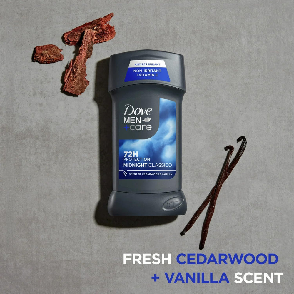 Aplicación suave del desodorante en barra Dove Men+Care Midnight Classico para piel cómoda.