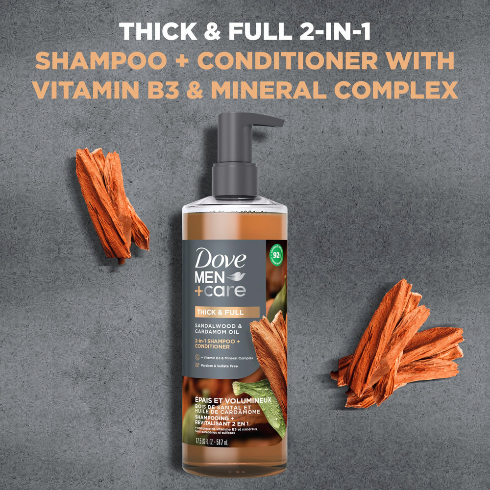 DOVE MEN CARE destaca vitamina B3 y minerales para cabello más grueso.