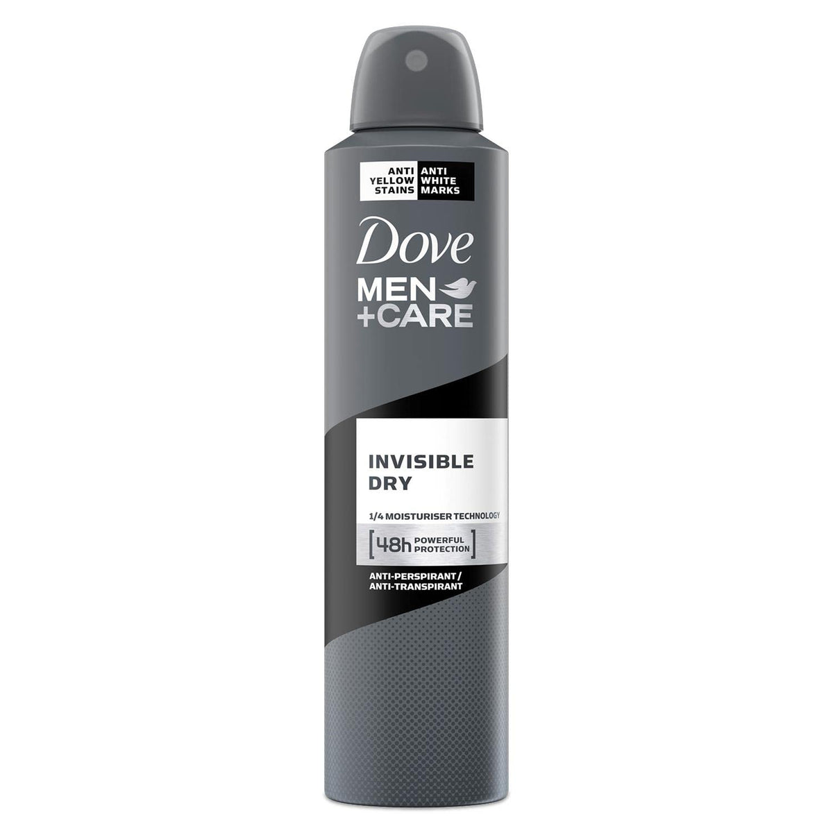 Desodorante aerosol invisible de DOVE MEN + CARE 250 ml protege sin dejar manchas.