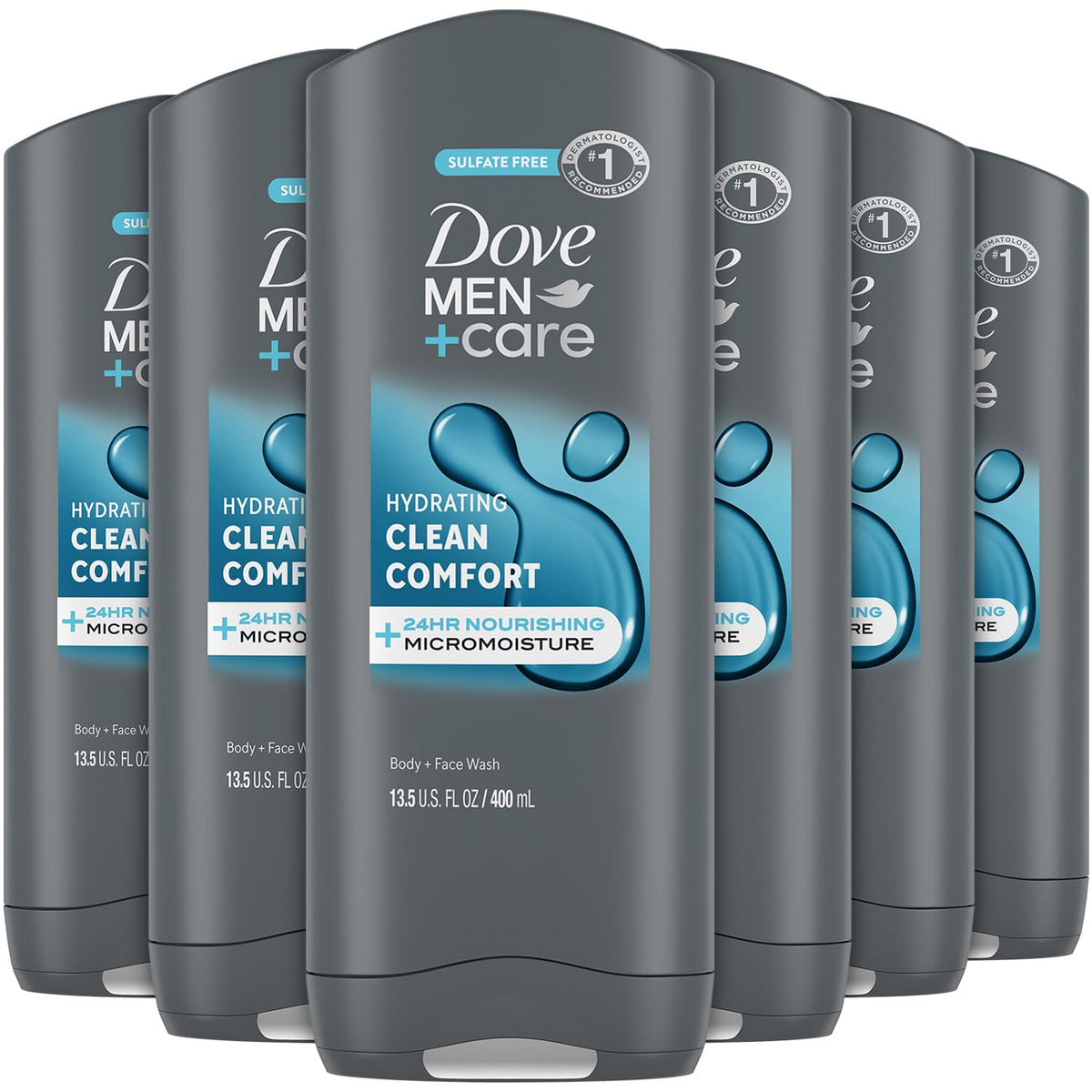 Botella de Dove Men+Care gel de ducha para cuerpo y rostro, limpieza refrescante.