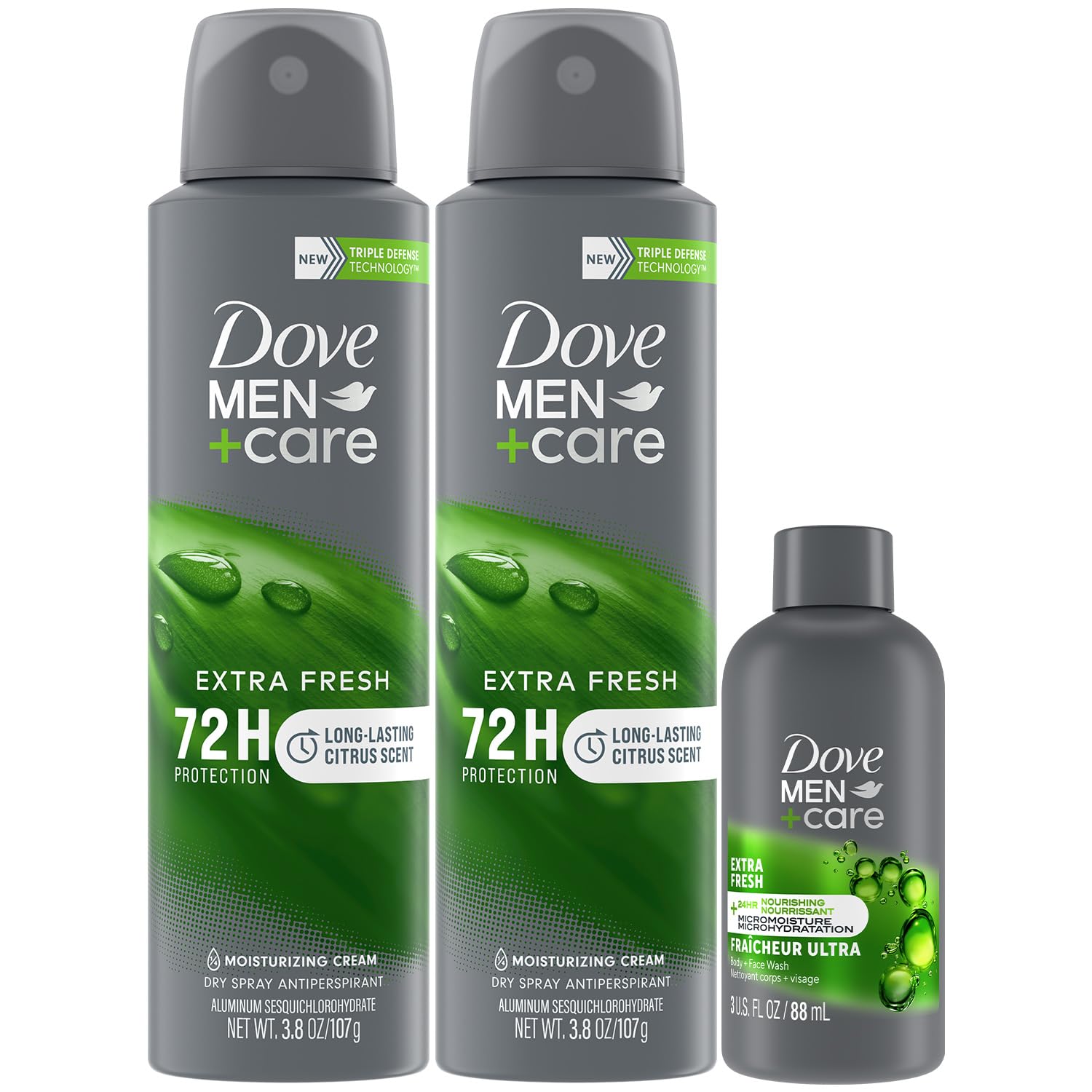Dove Men+Care desodorante spray 2-pack, protección duradera y frescura diaria.