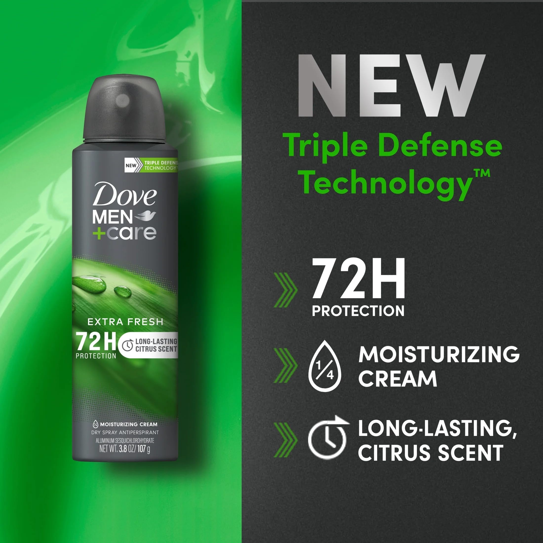 Dove Men+Care tecnología defensa triple, protección antiperspirante confiable.
