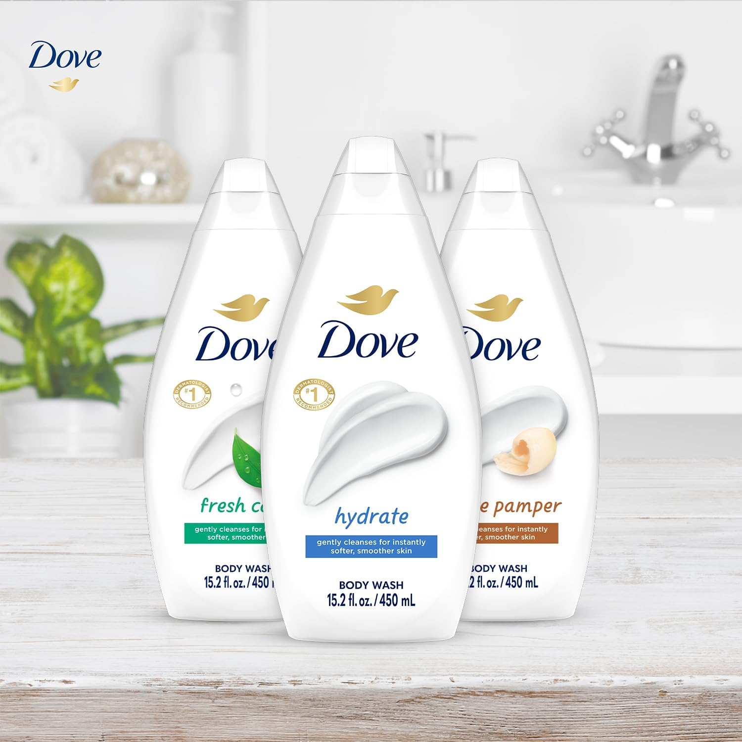Dove Mimo Suave, botella frontal, experiencia reconfortante para piel sensible.