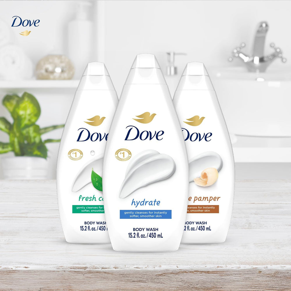 Dove Mimo Suave, botella frontal, experiencia reconfortante para piel sensible.