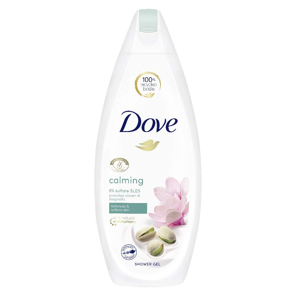 Gel de ducha Dove Pistacho en botella, cuidado suave para la piel.