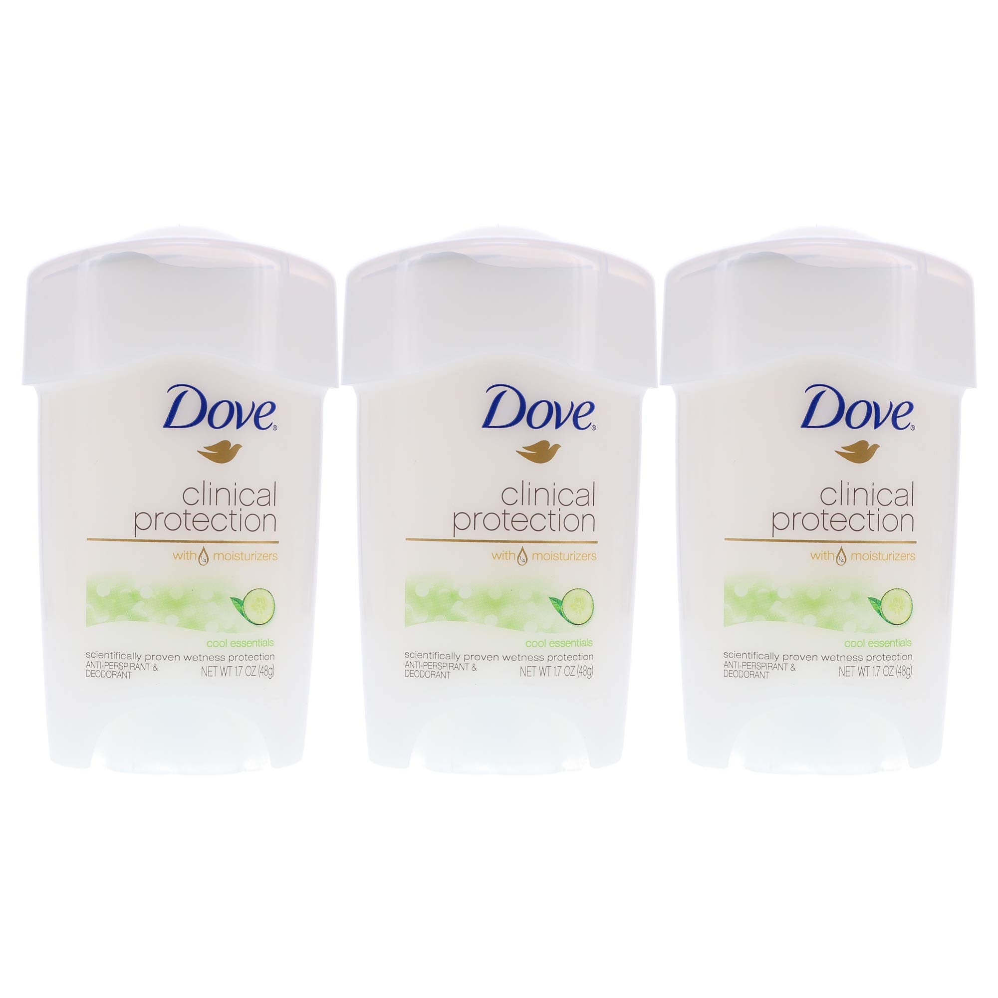 Dove Protección Clínica Cool Essentials en paquete de 3 para uso diario.
