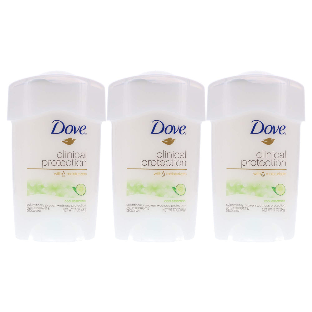 Dove Protección Clínica Cool Essentials en paquete de 3 para uso diario.