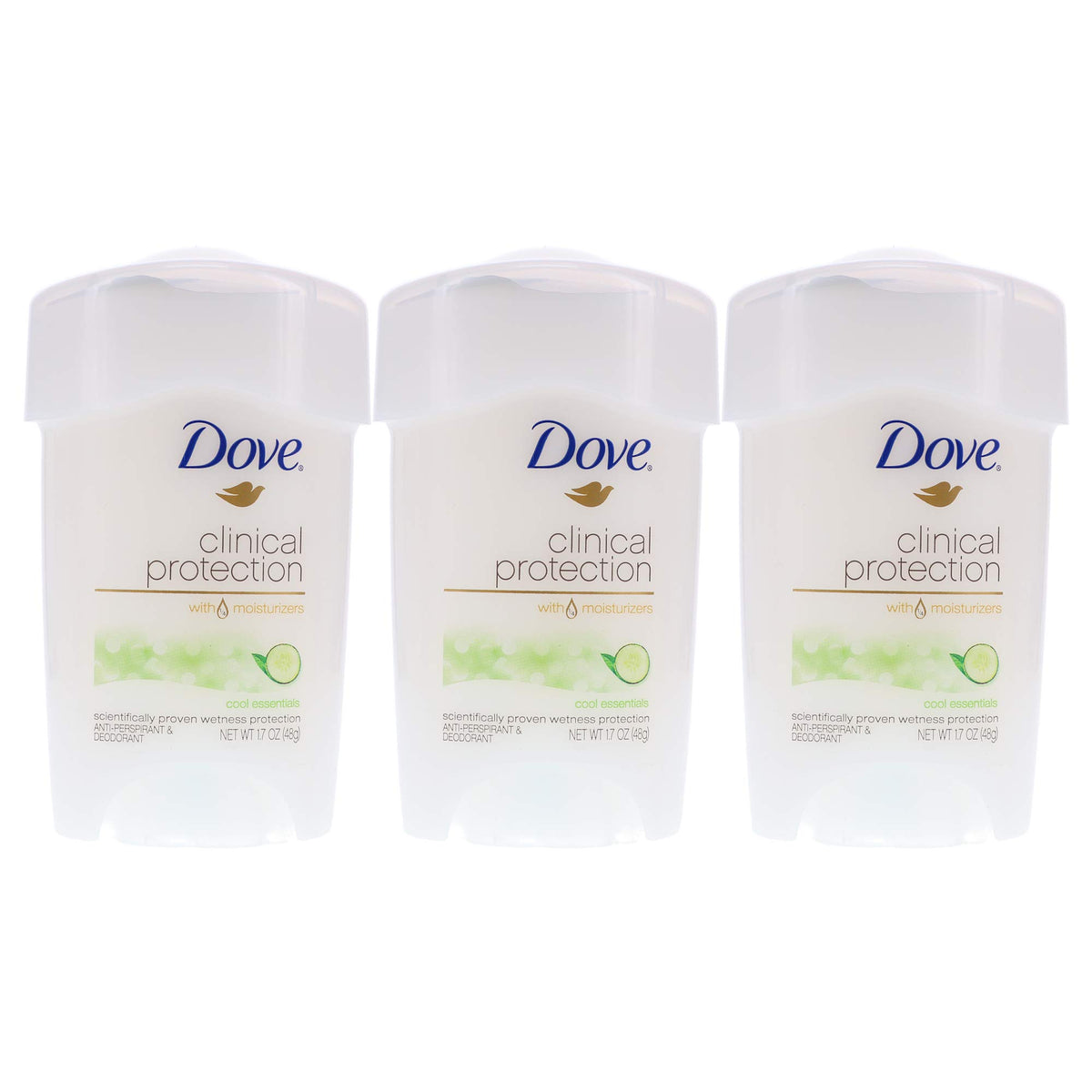 Dove Protección Clínica Cool Essentials en paquete de 3 para uso diario.