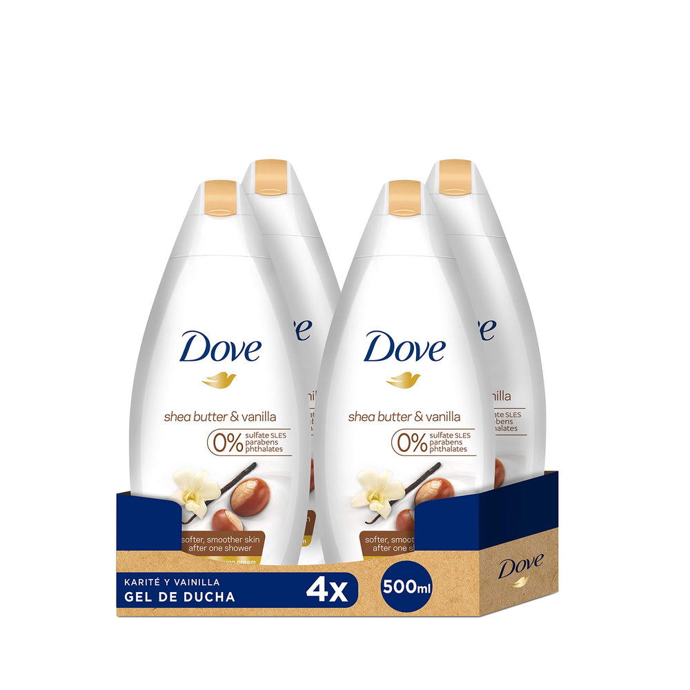 Dove Purely Pampering gel douche karité vanille, mousse riche pour une peau douce.