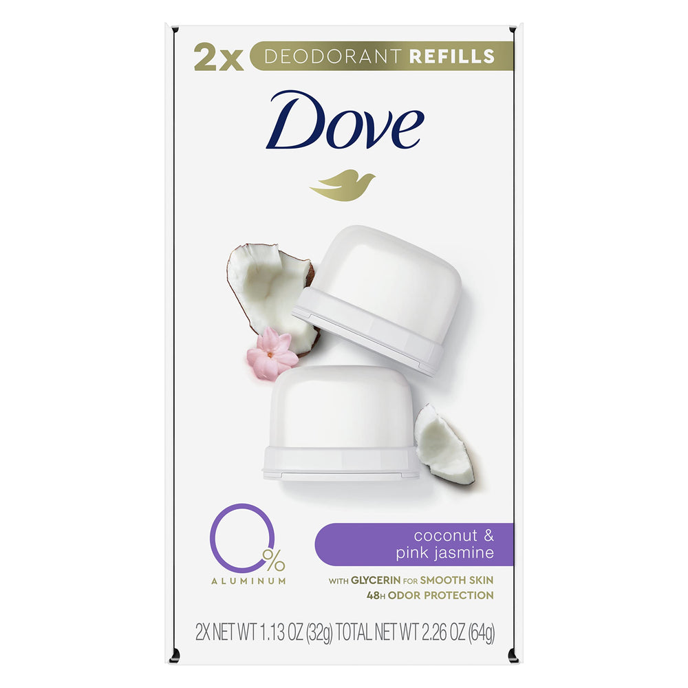 Dove recambios de desodorante en stick coco jazmín rosado para uso reutilizable.