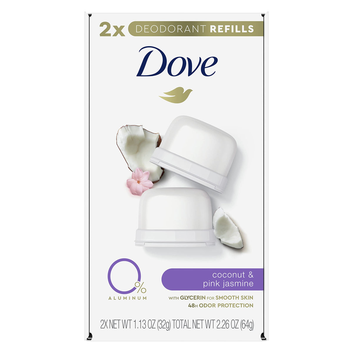 Dove recambios de desodorante en stick coco jazmín rosado para uso reutilizable.