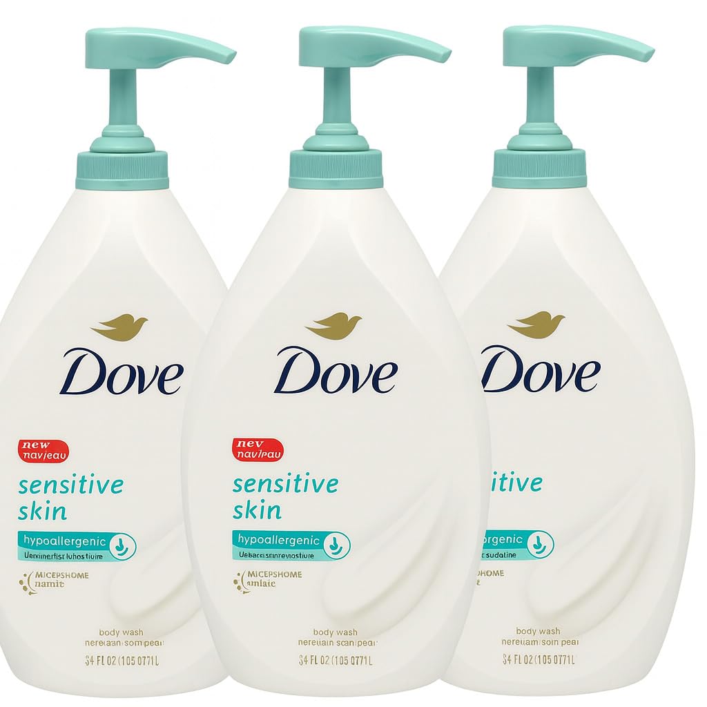 Dove Gel Douche Sensible avec Pompe, pack de 3, douceur et hydratation durable.
