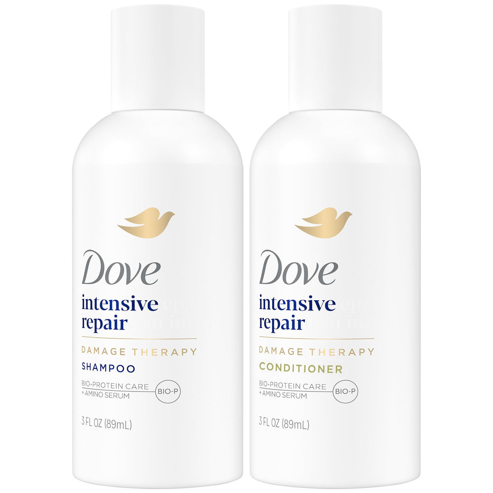 Champú Dove Travel Essentials en envase 3oz, limpieza suave para cabello dañado.