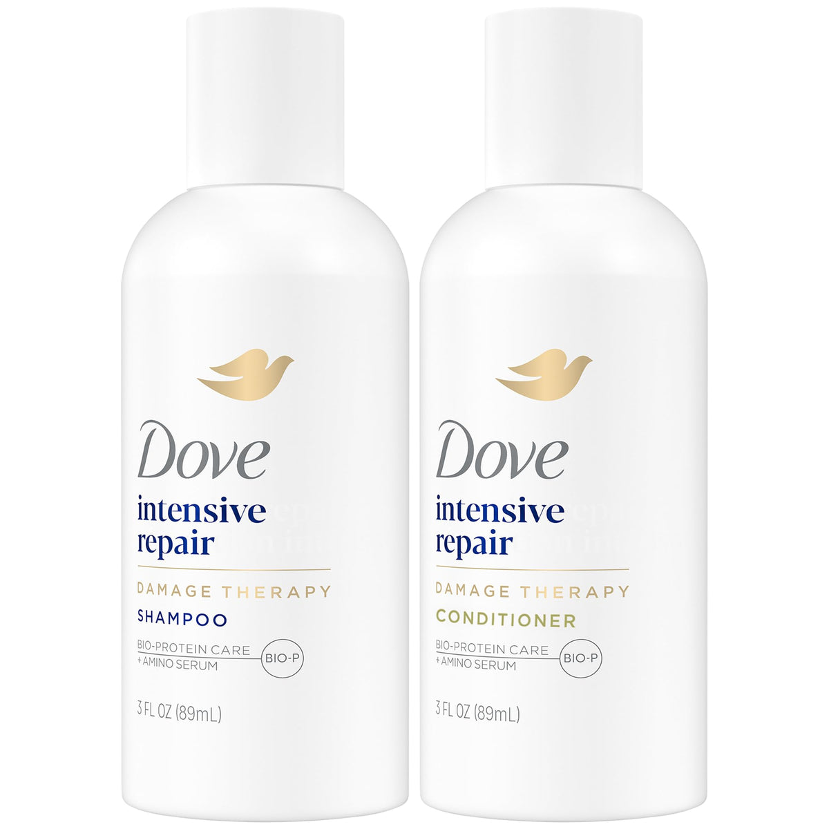 Champú Dove Travel Essentials en envase 3oz, limpieza suave para cabello dañado.