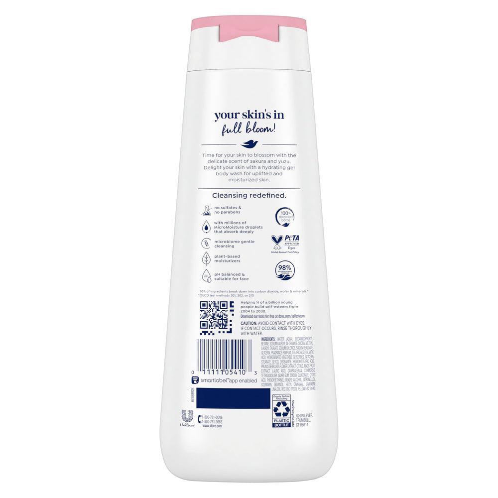 Texture gel douche Dove Uplift Sakura Yuzu, fraîche et légère.