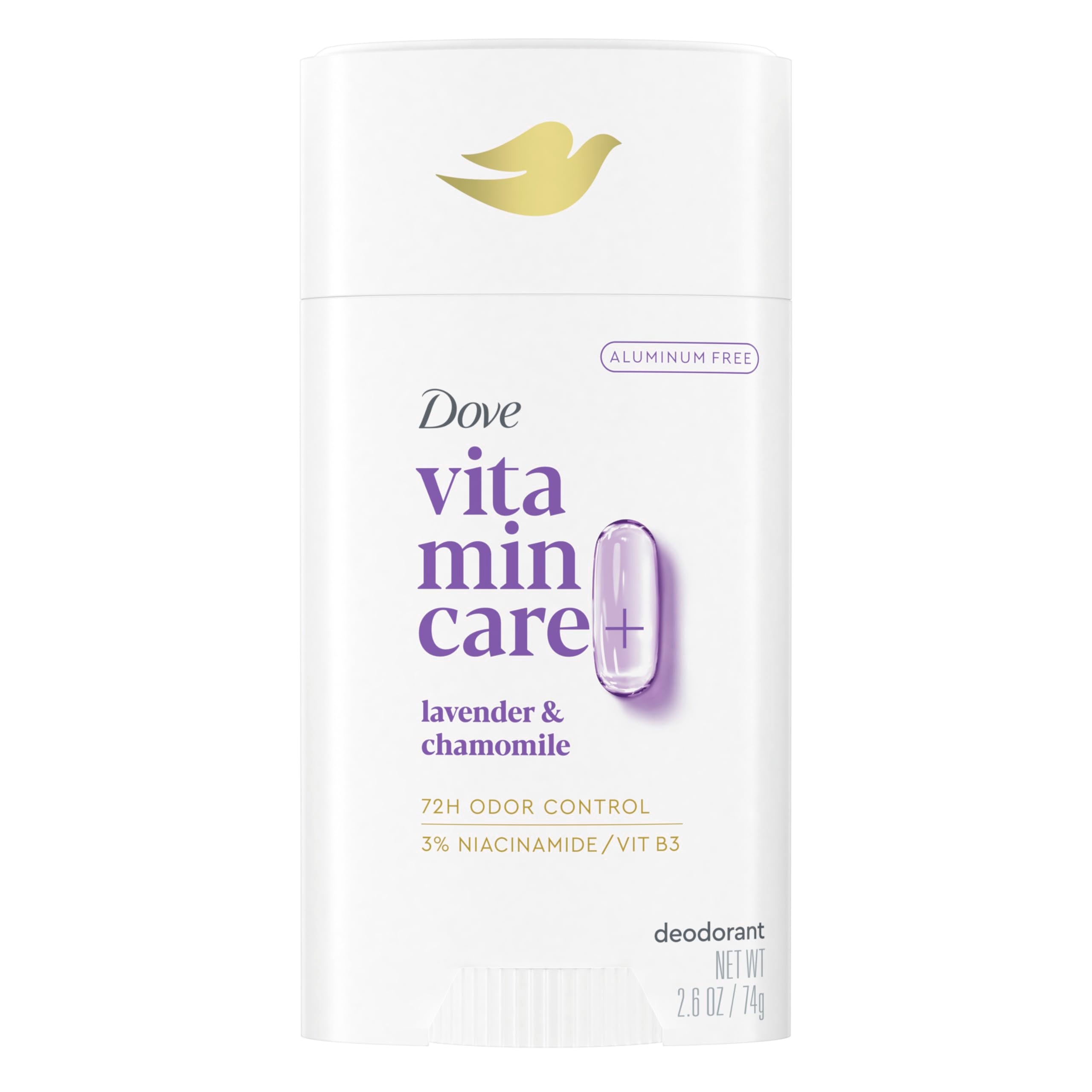 Dove VitaminCare+ desodorante en barra sin aluminio y fragancia lavanda para frescura diaria.