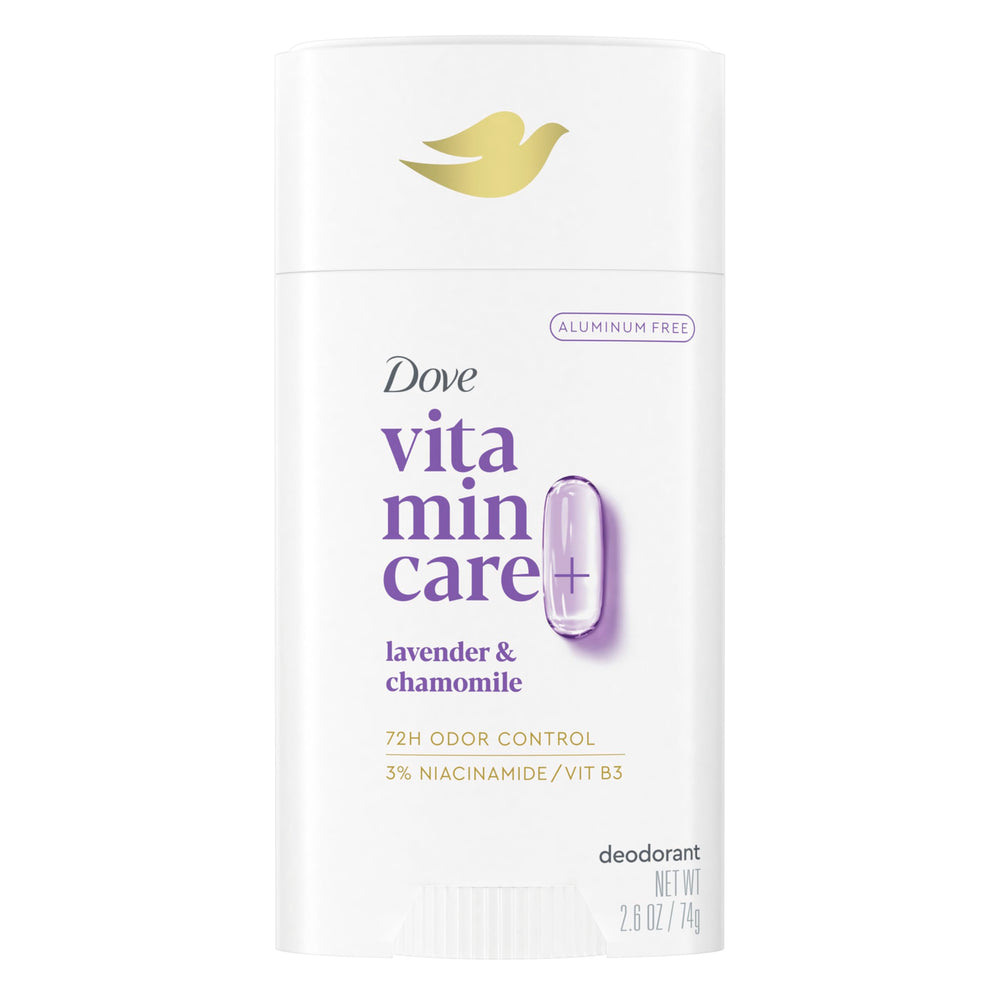 Dove VitaminCare+ desodorante en barra sin aluminio y fragancia lavanda para frescura diaria.