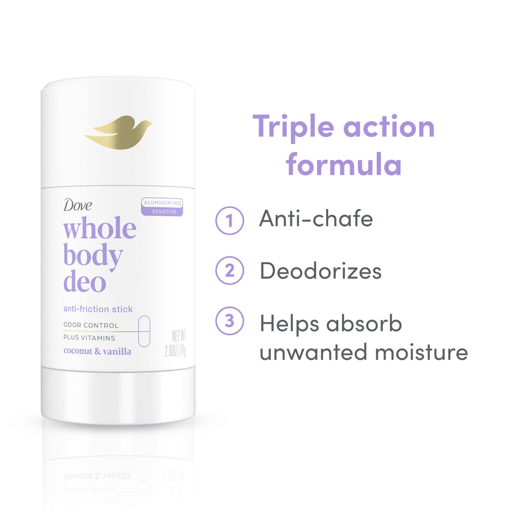 Dove Whole Body Deo keeps underarms fresh with tropical coconut-vanilla scent.